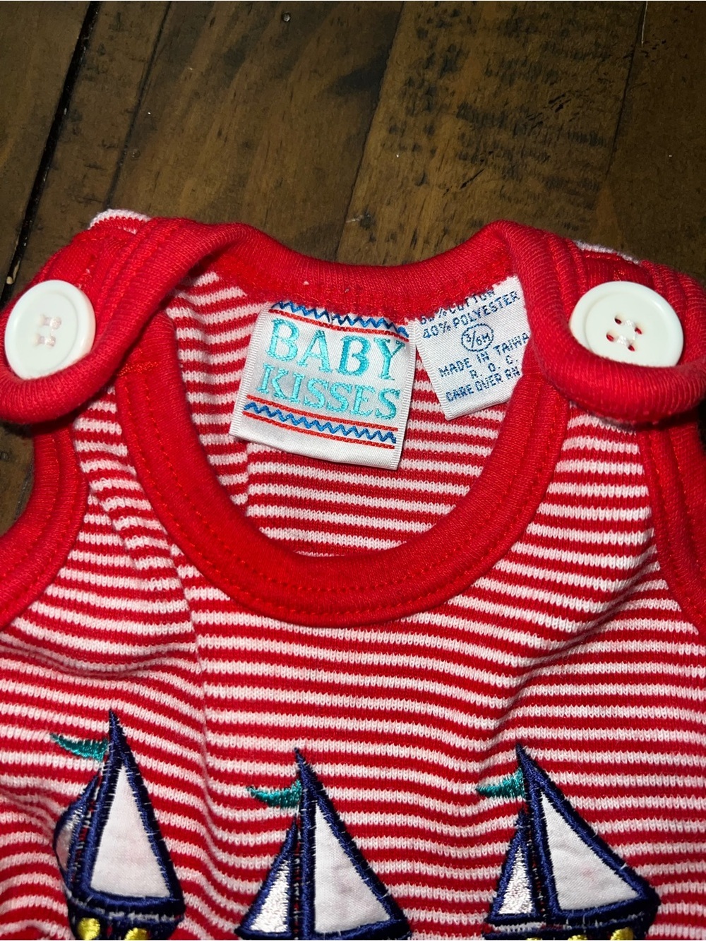 Vintage Baby Red Striped Nautical Romper with Sailboat & Bear - Picture 3 of 4
